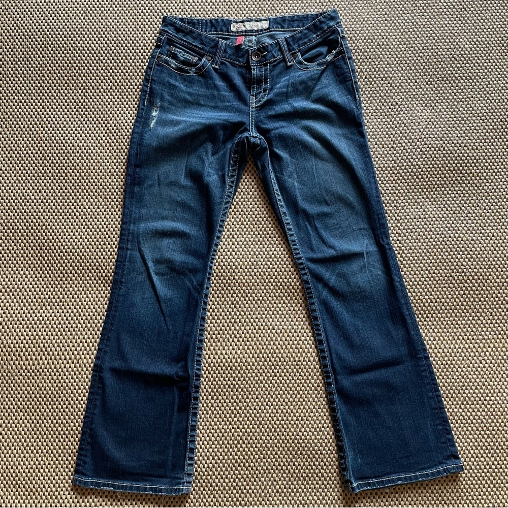 BKE Kate Jeans Boot Cut Blue Whisker Stretch Faded Dark Cotton Wash 27 X 29 1/2